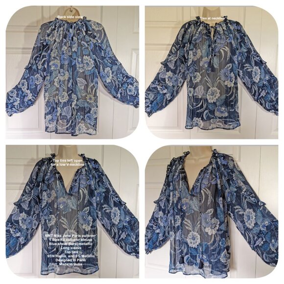 NWT Miss June Paris pullover 1 Size pullover top, Blue sheer floral, Made India - Picture 5 of 16